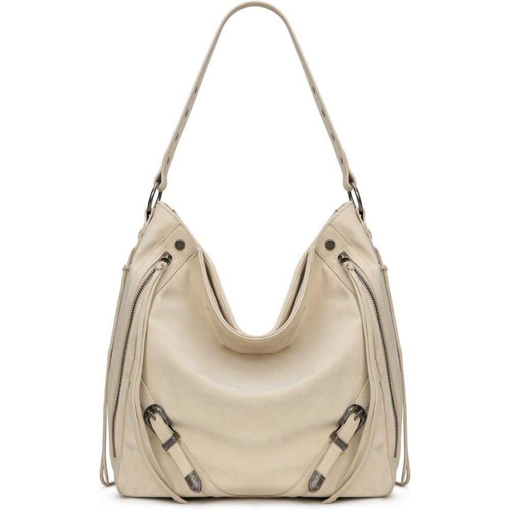 Faux Suede Hobo Bag Large Shoulder Purse with Fringe Buckle for Women